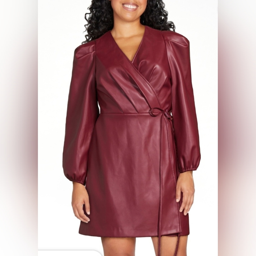 BCBG Paris Burgundy Faux Leather Wrap Dress Sz. M. Scandi Girl Trending Color